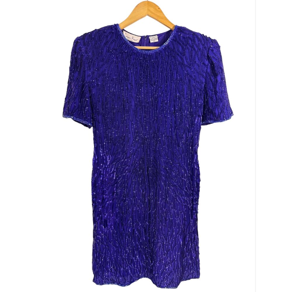 Vintage Laurence Kazar Beaded Sequin Silk Dress Purple Party Cocktail Size XL